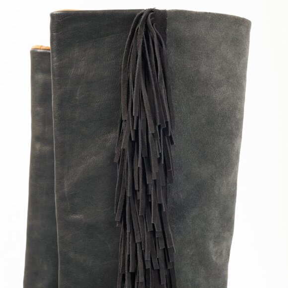 Isabel Marant Manly Anthracite Leather & Suede Fringe Knee-High Wedge Boots - Picture 8 of 9